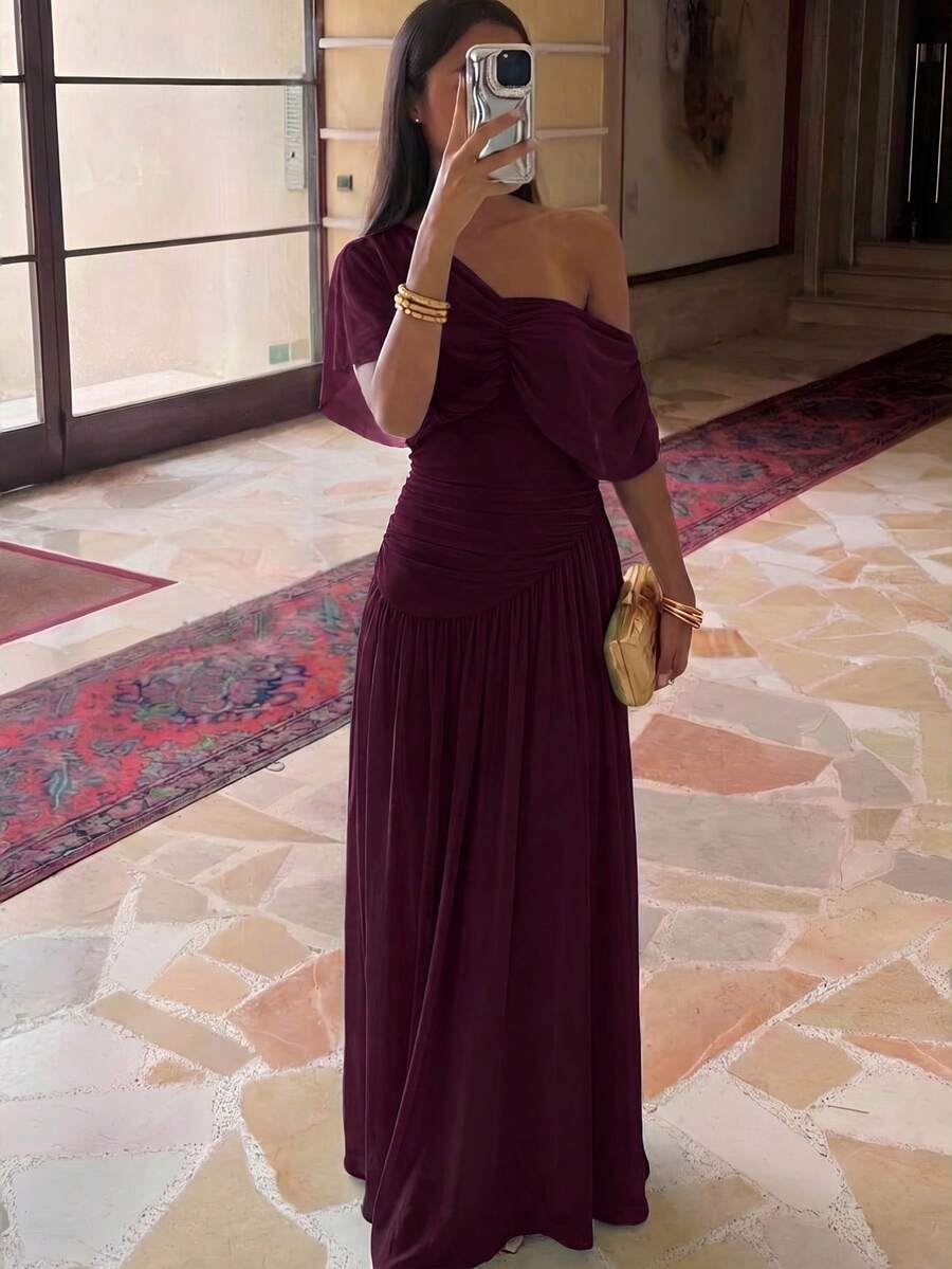 Aloruh 女款性感優雅抓皺不對稱單肩洋裝,適合婚禮、海灘晚餐與海邊,波爾多紅夏季款 - 紫紅色 - 查看 1