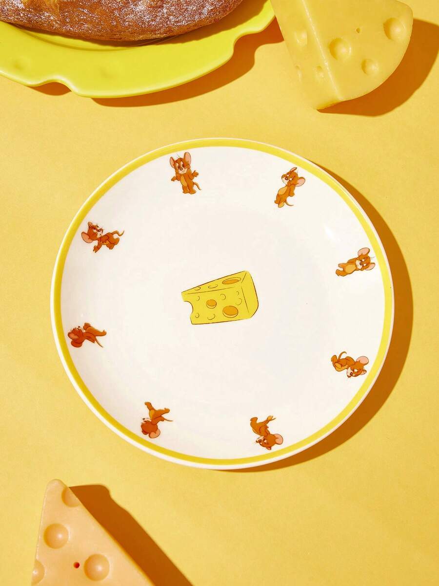 TOM & JERRY X Joivida 1件陶瓷晚餐盤,黃色邊緣起司卡通印花圓形瓷盤,可微波爐與洗碗機使用餐具,可愛甜美甜點沙拉盤裝飾禮物,適合卡通迷與兒童 - 彩色 - 查看 1