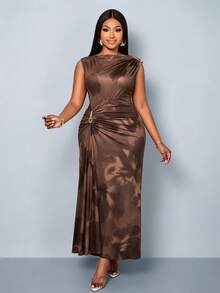 SOLERSUN Plus-Size Women's Slim-Fit Dress Suitable For Daily Commuting, Shopping, Parties, And Gatherings. - Brown - View 6