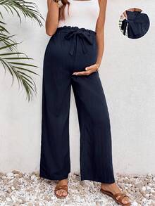 SHEIN Maternity Solid Color Casual Versatile Everyday Long Pants - Navy Blue - View 1
