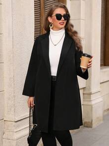EMERY ROSE Plus Size Women's Casual Solid Color Lapel NeckLoose Fit Jacket, Autumn/Winter - Black - View 1
