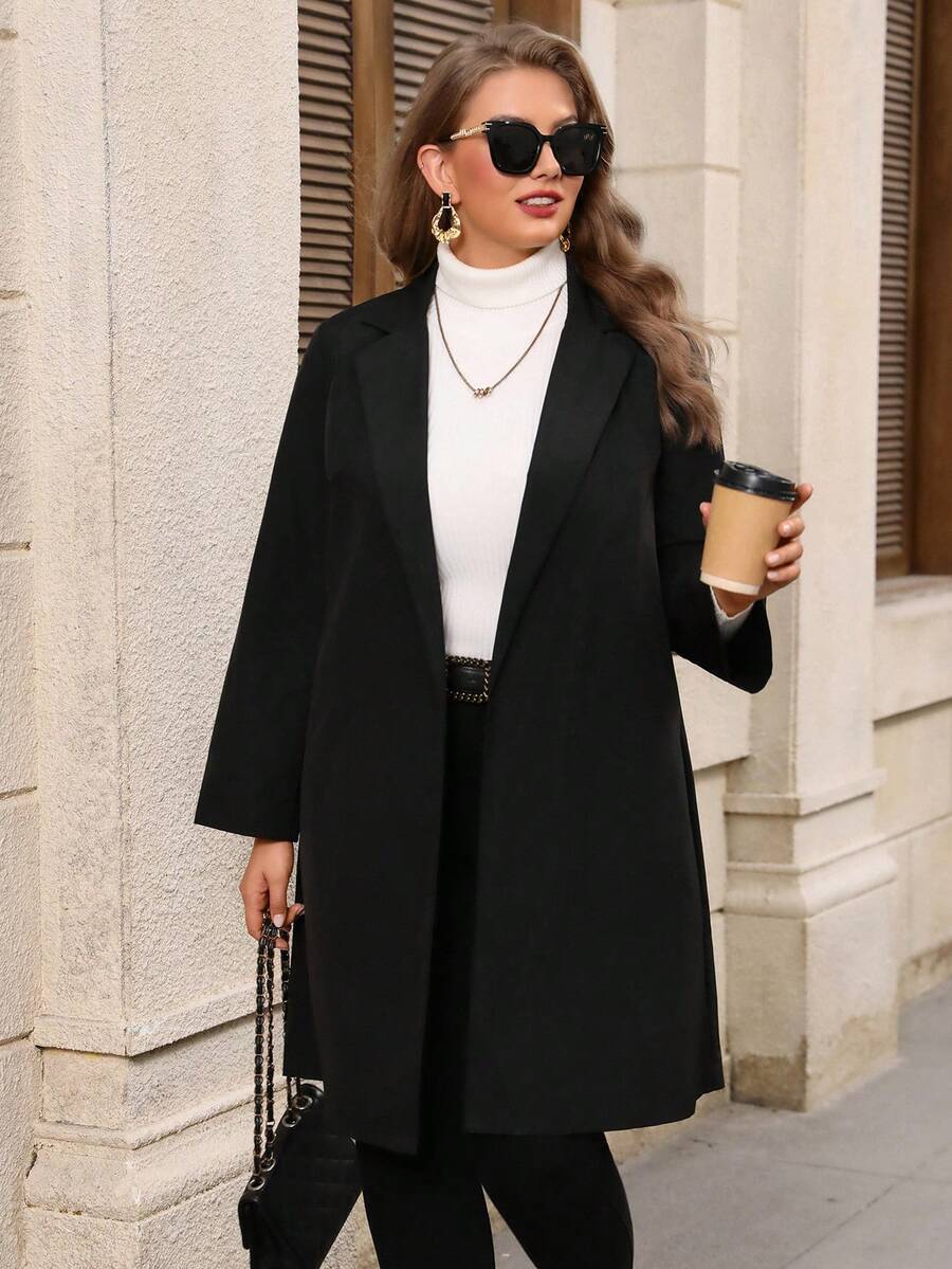 EMERY ROSE Plus Size Women's Casual Solid Color Lapel NeckLoose Fit Jacket, Autumn/Winter - Black - View 1