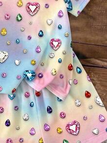 Conjunto de dos piezas para niña joven, estilo casual minimalista, lindo y dulce, con lunares, textura brillante y estampado de corazón, azul cobalto pop, manga corta y shorts, adecuado para verano, cómodo, estilo primavera y verano, gráfico, kawaii - Multicolor - Ver 6