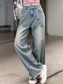 DAZY Ladies' Cherry Printed Loose Fit Straight Leg Denim Jeans With Raw Hem Pockets,Back To School Clothes - Light Wash - View 7
