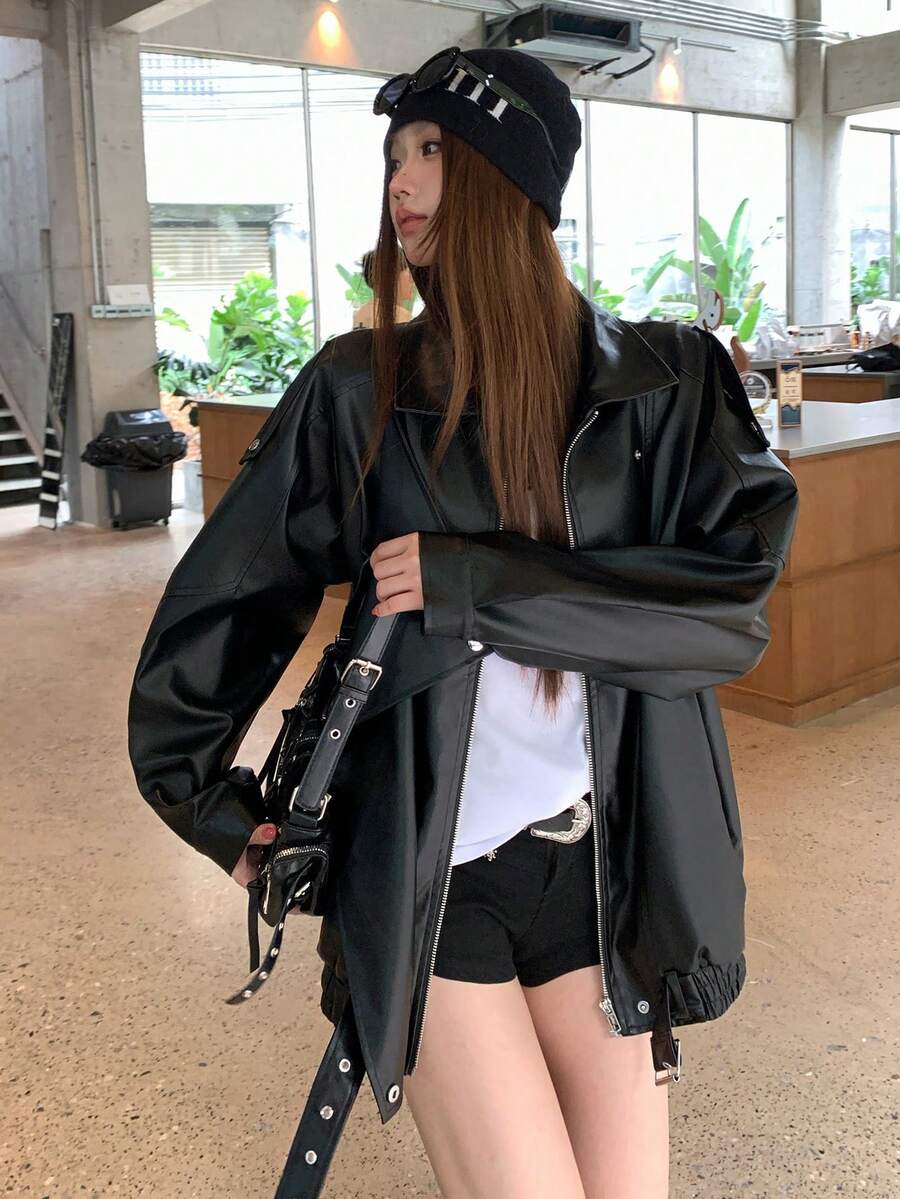 DAZY Jaket Lengan Panjang Gaya Jalanan Korea Wanita dengan Resleting dan Gesper Logam untuk Liburan Musim Gugur - Hitam - View 1
