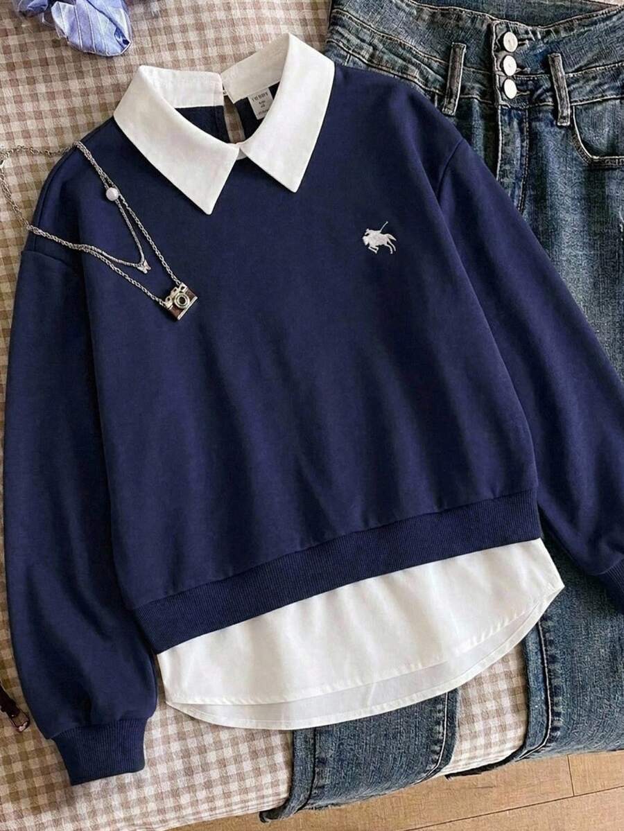 SHEIN 青少年女孩襯衫領刺繡小馬圖案秋冬衛衣 2合1拼接款 - 藏蓝色 - 查看 1