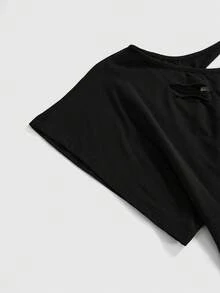ROMWE Grunge Punk Plus Size Punk Style Skull Metal Rivet Design Asymmetric Neck Distressed Backless Loose Cropped T-Shirt - Black - View 4
