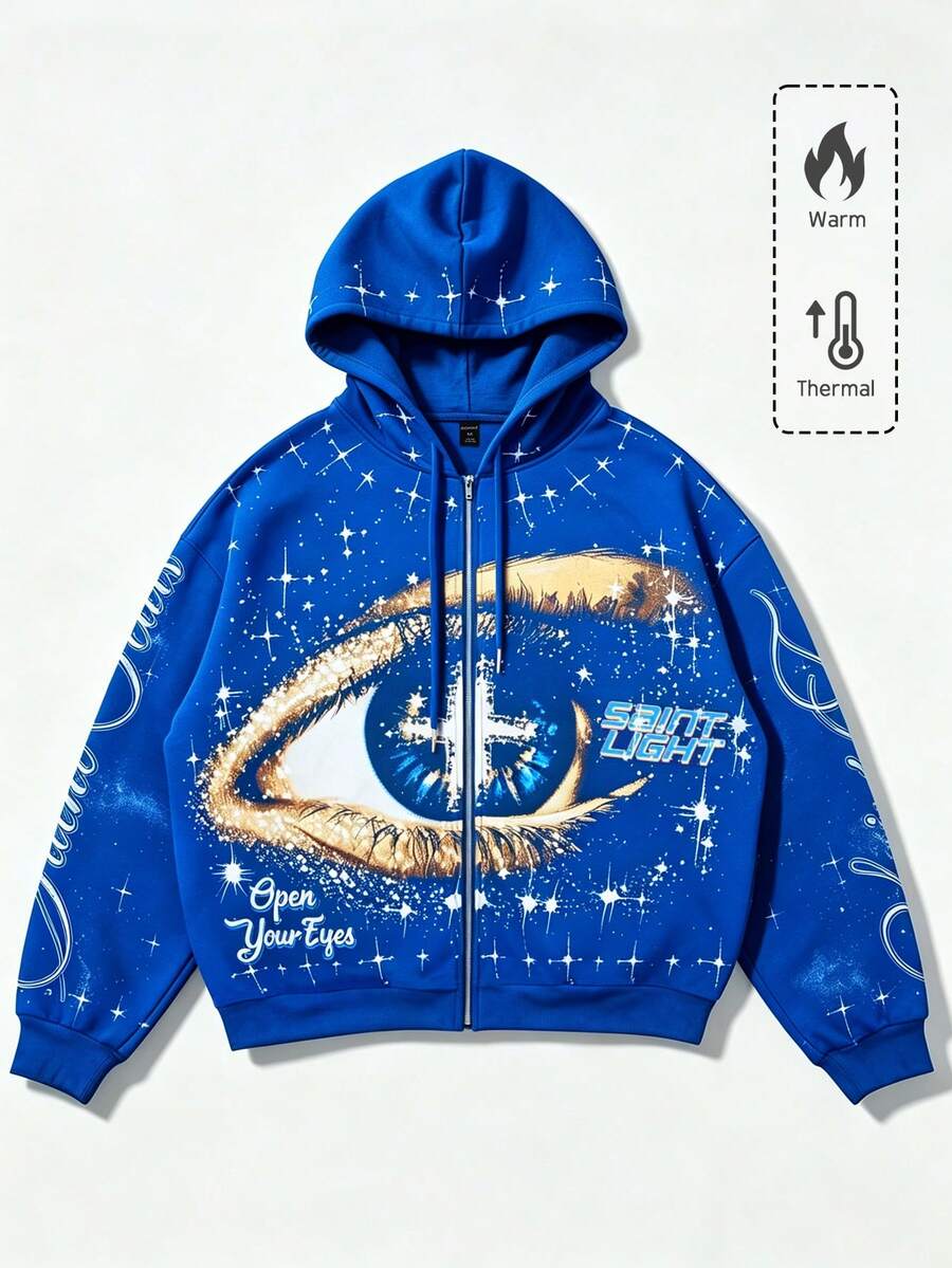 ROMWE MEN Street Life Men's Eye Pattern & Letter Print Zip-Up Hooded Sweatshirt - Blue - View 1