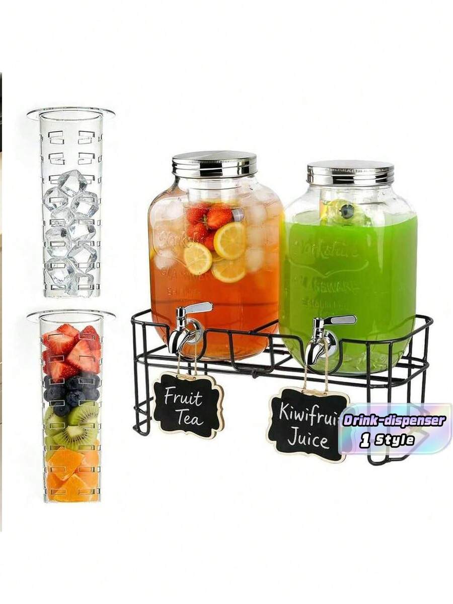 2 Pcs 1 Gallon Glass Beverage Dispenser Set With Black Metal Rack, 304 Stainless Steel Faucet, Detachable Fruit Infuser Tubes And Mini Chalkboards, Large Transparent Juice Iced Tea Container For Home Wedding Outdoor Party - Transparent - View 1
