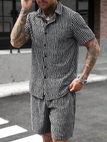 Manfinity CasualCool Men's Striped Short Sleeve Shirt And Shorts Casual Set - Multicolor - View 5