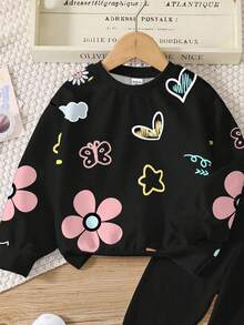 SHEIN Leap Crew 2 件套青少年女孩休闲花卉和卡通人物印花圆领长袖运动衫和紧身裤套装，适合秋冬季 - 彩色 - 查看 4