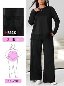 Solflare Plus Size Lace Patchwork Round Neck Long Sleeve T-Shirt And Loose Pants Set Fall - Black - View 2