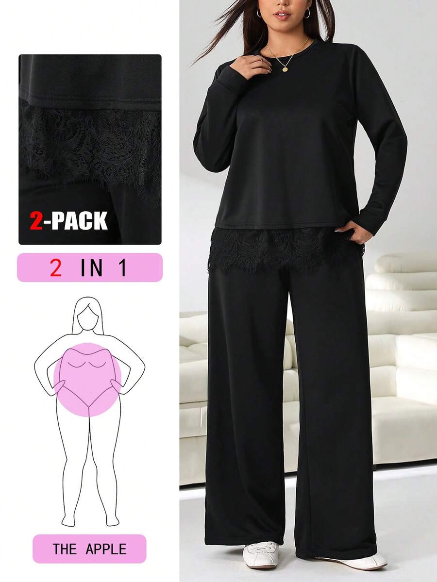 Solflare Plus Size Lace Patchwork Round Neck Long Sleeve T-Shirt And Loose Pants Set Fall