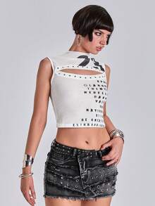 ACID BLVD Atasan Crop Top Wanita Retro Seksi Gaya Pioneer Berongga dengan Logo Digital Cetak Inggris dan Hiasan Kancing untuk Musim Semi/Panas - Putih - View 5