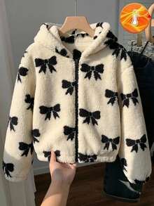 SHEIN 青少年女孩保暖內裡加厚蝴蝶結連帽拉鍊夾克 秋冬款 - 白色 - 查看 1