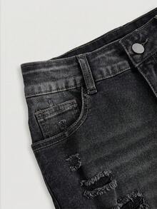 SHEIN Quần short denim mài rách phong cách thường ngày mùa hè cho thiếu nữ - màu đen - Xem 5
