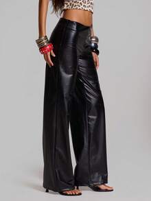 MUSERA Black PU Low Rise Flared Trouser Summer Autumn Going Out Festival Cool Girl Furiosa - Black - View 3