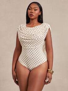 Radiana Curve Plus Size Summer Elegant Polka Dot Print Bodysuit - Yellow - View 6