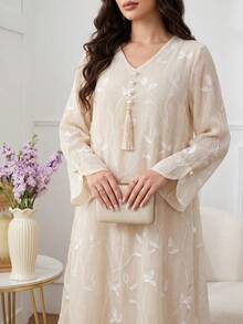 Al Najma Women's Elegant Embroidered Arabian Dress - Apricot - View 4