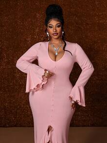 Maweii Plus Size Long Sleeve Fishtail Sweet Minimalist Sexy Ruffle Hem Dress - Pink - View 2