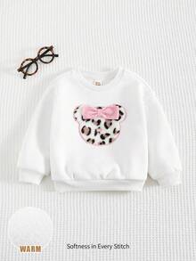 Cozy Pixies 女嬰 3D 蝴蝶結豹紋熊頭圖案圓領長袖套頭衛衣 秋季休閒運動百搭款 - 白色 - 查看 3