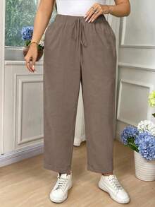 SHEIN EMERY ROSE CURVE Plus Size Women Cotton Fold Over Hem Solid Color Pockets Casual Pants Fall - Brown - View 8
