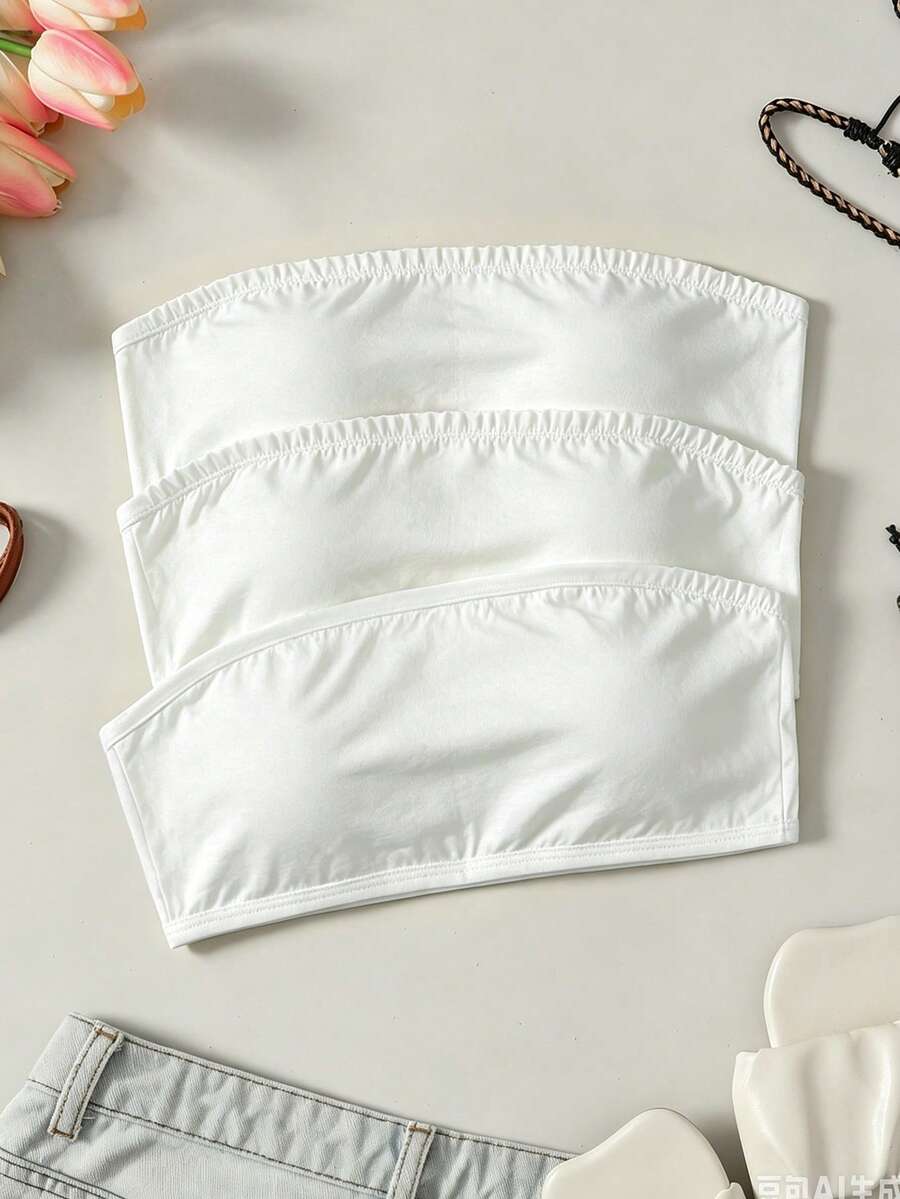 SHEIN Tween Girl Tween Girl Tween Girl Tween Girl Simple Comfortable Soft Skin-Friendly Bandeau Bra With Padding 3pcs Pieces Set White All Season - White - View 1