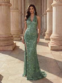 Coutiva Women's Lace Sequin 3D Floral Extra Long Fitted High Slit Evening Gown - Green - View 2