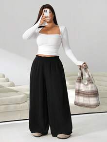 Solflare Pantalones de talla grande casuales versátiles de unicolor - Negro - Ver 5
