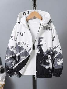 SHEIN 青少年男孩字母印花拉鍊長袖連帽外套 - 黑與白 - 查看 1