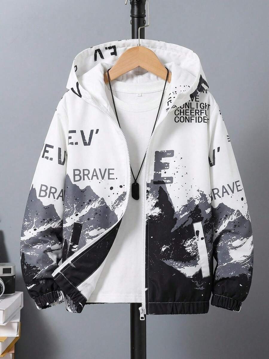 SHEIN 青少年男孩字母印花拉鍊長袖連帽外套 - 黑與白 - 查看 1