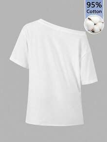 SHEIN EZwear 女款夏季休閒豹紋不對稱領口T恤 - 白色 - 查看 3