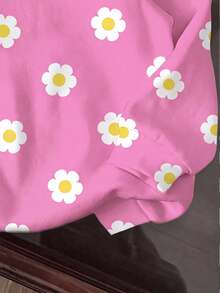 SHEIN EZwear 休閒可愛極簡風粉色花卉蛋花印花女款運動衫，秋季清新學院風，開學季、度假旅行、派對、教師穿搭 - 彩色 - 查看 5