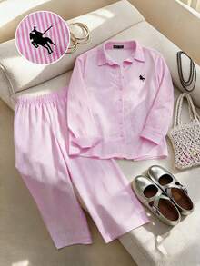 SHEIN EZwear Plus Size Pink Long Sleeve Button Front Casual Striped Shirt Fall - Pink - View 8