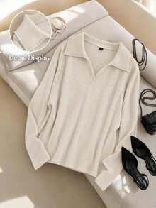 CosyJoli Plus Size Casual Lace Patchwork Polo Collar Ruched Side Seam Ribbed Texture Knit Pullover T-Shirt Formal Office Bussines Holiday Orange Autumn Fall - Apricot - View 7