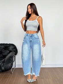 SHEIN Tall 女款水洗破洞口袋休閒街頭風錐腳牛仔褲，適合辦公、日間日常、返校穿著，牛仔女孩風，夏季淺藍色 - 藍色 - 查看 4