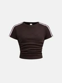 Tween Girl Casual Daily Knitted Fitted Top With Ribbon Detail And Straight Leg Pants With Ribbon Detail - Brown - View 5