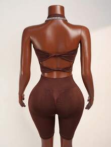 Mistrie Women's Solid Color Backless Halter Top And Shorts Sports Set - Brown - View 2