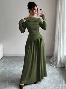 Elenzga Women's Milk Silk Double Brushed Knit Elastic Square Neck Ruched Front Waist-Down Asymmetrical Hem A-Line Loose Hem Long Sleeve Long Dress, Maillard Style, Fitted, Can Be Layered, Exquisite Elegant French Romantic Girl Office Commute Street Style Street Photography Australian Minimalist Versatile Old Money Style Women's Style Thanksgiving Back To School Afternoon Tea Party Spring Autumn Winter - Army Green - View 3
