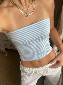 SHEIN PETITE Women Striped Strapless Crop Top, Fitted And Versatile ,Petite Women - Blue and White - View 3