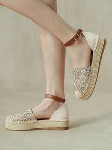 Styleloop Ladies Retro Gold Vacation Hollow Woven Pull-Up Belt Hemp Rope Platform Shoes - Gold - View 9