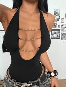 SHEIN HypeZone 女款性感街頭風V領掛脖綁帶金屬鏈條裝飾緊身連身衣 - 黑色 - 查看 5