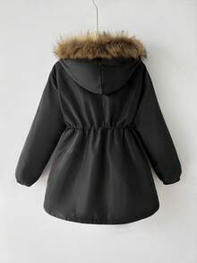 SHEIN 女童秋冬加厚抓絨內裡填充派克大衣 PU貼飾抽繩收腰 A字拼接高階奢華毛領外套 黑色時尚街頭風女孩子夾克 - 黑色 - 查看 2