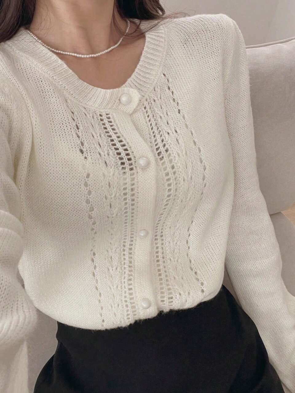Women's Solid Color Hollow Lace Trim Loose Round Neck Long Sleeve Casual Elegant Vacation Spring Autumn Knit Cardigan