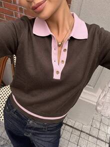 DAZY Women's Elegant Colorblock Pullover Sweater Fall - Brown - View 6