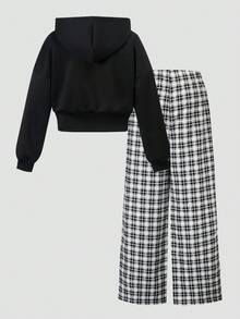 SHEIN 青少年女孩連帽衫兩件套，休閒寬鬆針織款，返校季復古秋季服飾套裝，度假拉鍊連帽衫條紋款 - 彩色 - 查看 2