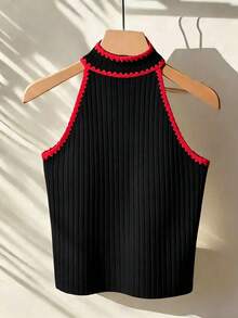 Franclia Women's Floral Trim Ribbed Casual Halter Tank Top - Black - View 2