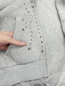 Lalippa 女款毛絨連帽拉鍊休閒日常長袖衛衣，飾有鉚釘裝飾 - 彩色 - 查看 4