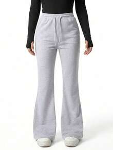 SHEIN Sparklyn Teen Girls Casual Baggy Fashion Grey Slim Fit Flare Leggings Long Pants Comfortable Knit Spring/Autumn Summer Sweatpants Cycling Work Formal - Light Grey - View 6