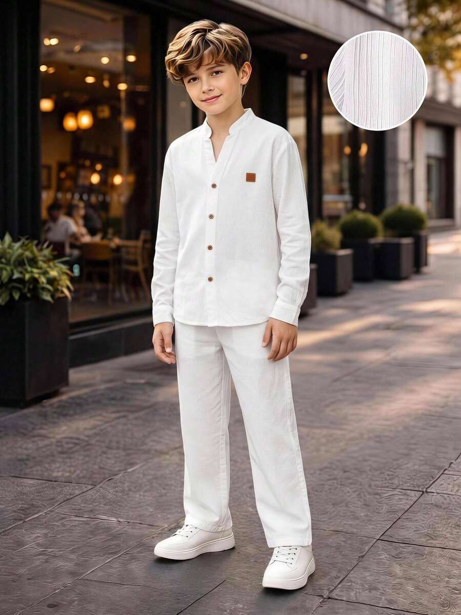 SHEIN 2件組兒童青少年男孩休閒日常印花立領鈕扣式寬鬆長袖白色襯衫直筒白色長褲套裝，適用春夏秋冬、情人節、約會、夏季穿搭、海灘週末、家庭聚會、返校季、婚禮季、運動、生日派對